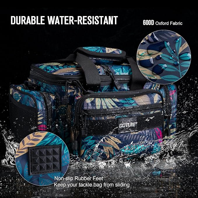 Goture Fishing Tackle Bag with 4 Tackle Boxes, Soft Side 600D Water-Resistant Cross Body Sling Fishing Bag, Small Saltwater Gear Storage Tactical Bags, Gifts for Men/Women (15.75"x9.45"x8.27")
