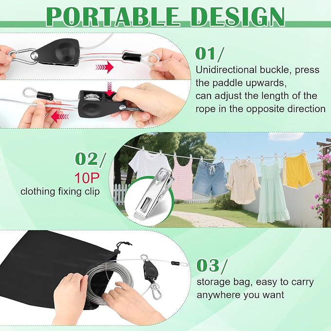 Windspeed Retractable Clothesline Outdoor Heavy Duty Travel Clothesline Retractable Clothes Line for Outside Travel Camping Cloth Line, Galvanized Steel Material, and 10 Clips, Storage Bag (50Ft)
