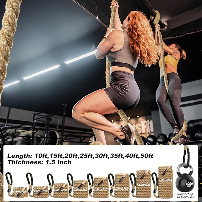Climbing Rope Gym Exercise Ropes - 1.5 Inch Diameter 10FT 15FT 20FT 25FT 30FT 35FT 40FT 50FT Climb Rope for Fitness & Strength Training, Workout Climbing Rope for Adults Kids Home Indoor or Outdoor