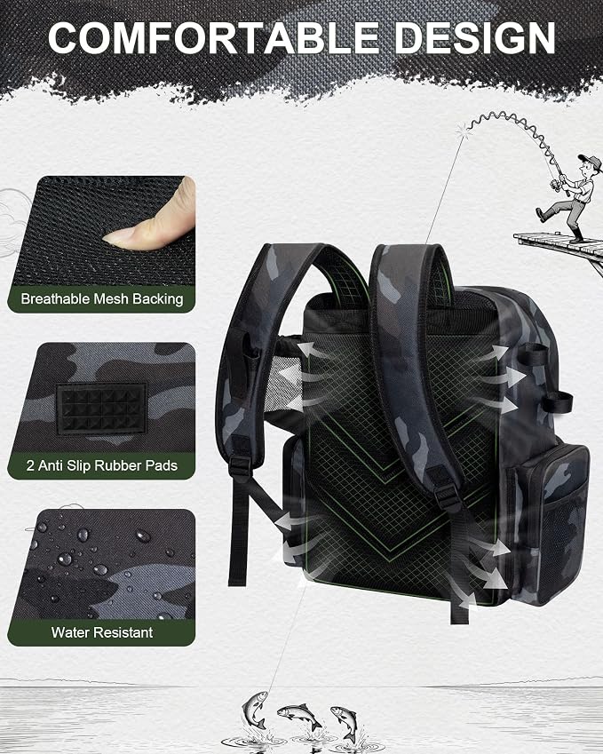 Fishing Backpack, Large Water Resistant Tackle Bag Storage Fishing Gear and Equipment, Built-in Cooler Compartment Khaki