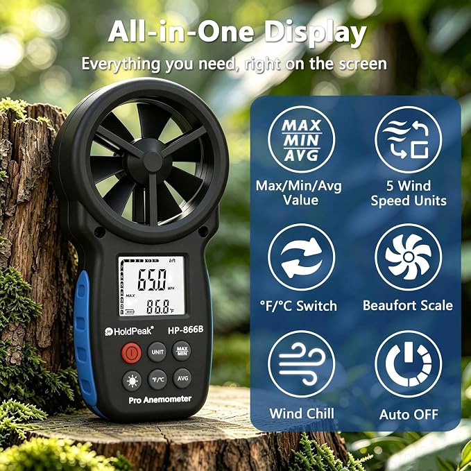 HoldPeak 866B Digital Anemometer, Handheld Wind Speed CFM Meter, HVAC Air Flow Velocity Gauge Tester with Backlight, Outdoor Wind Gauge for Drone Sailing Shooting