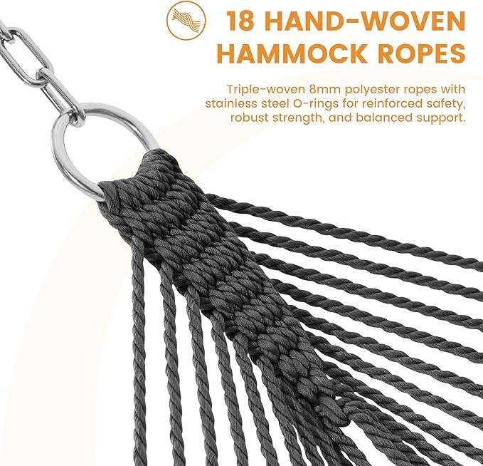 Lazy Daze Hammocks 10.5 FT Double 2 Person Caribbean Rope Hammock, Hand Woven Polyester Hammock with Spreader Bars, for Outside Outdoor Backyard Patio Poolside, 450 LBS Capacity, Gray