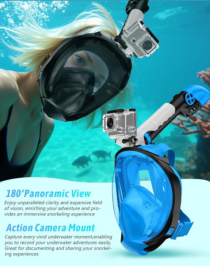 Full Face Snorkel Mask for Adults, 180° Panoramic Anti-Fog Snorkeling Gear with Dry Top System & Camera Mount, Foldable Anti-Leak Design for Travel, Swimming & Ocean Snorkeling