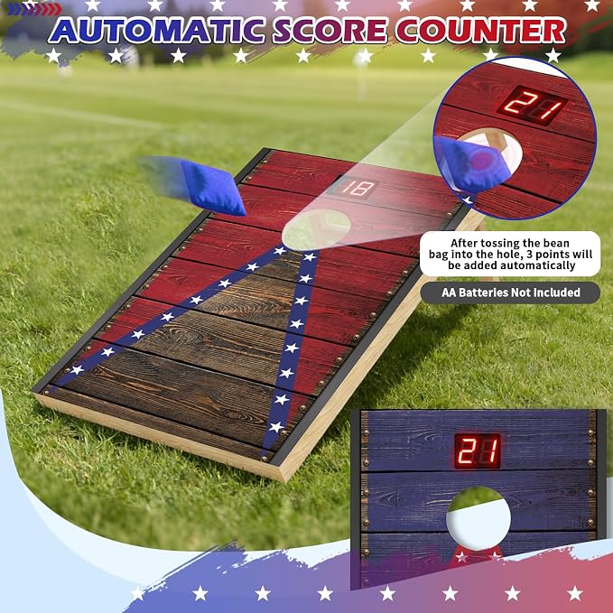 Electronic Cornhole Board Set 4x2ft 3x2ft 2x1ft, Automatic Scoring Corn Hole Games for Adults & Kids, Wooden Portable Cornhole Set with 8 Bean Bags & Carrying Bag for Outdoor, Tailgate, Party
