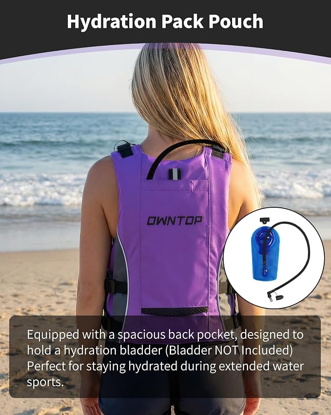 Owntop Swim Jacket Adult Youth | Hydration Pack | Dual Mesh Pockets | Attached Whistle | Ultra-Thin for Freer Movement | Kayak, Boating, Fishing, All Watersports