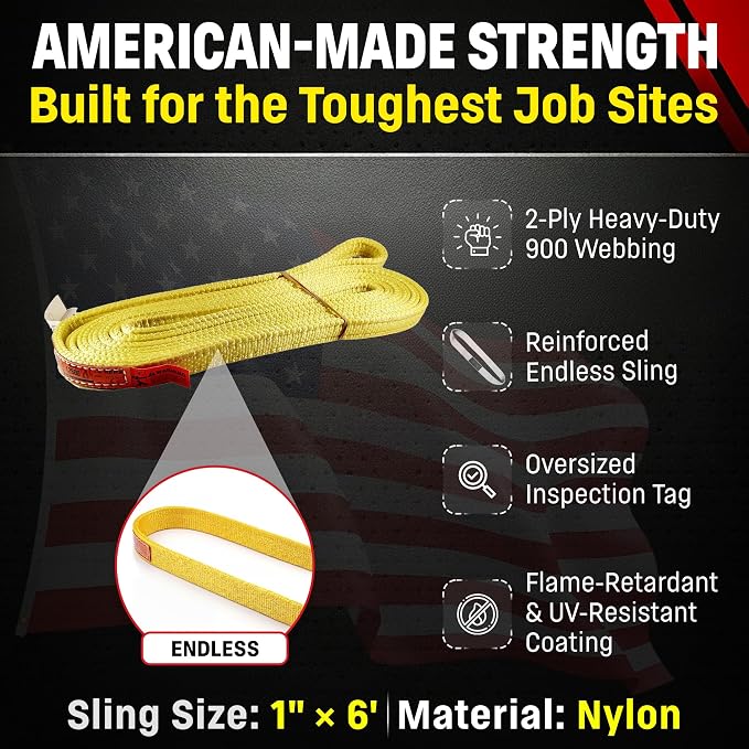 DD Sling (USA Made) 1" & 2" Widths by 4' to 12' Lengths In Listing, 2 Ply, Endless Nylon Lifting Slings, 900 webbing,, 6,400 lbs Vertical, 5,100 lbs Choker, 12,800 lbs Basket (USA Made Nylon) (1"x6')