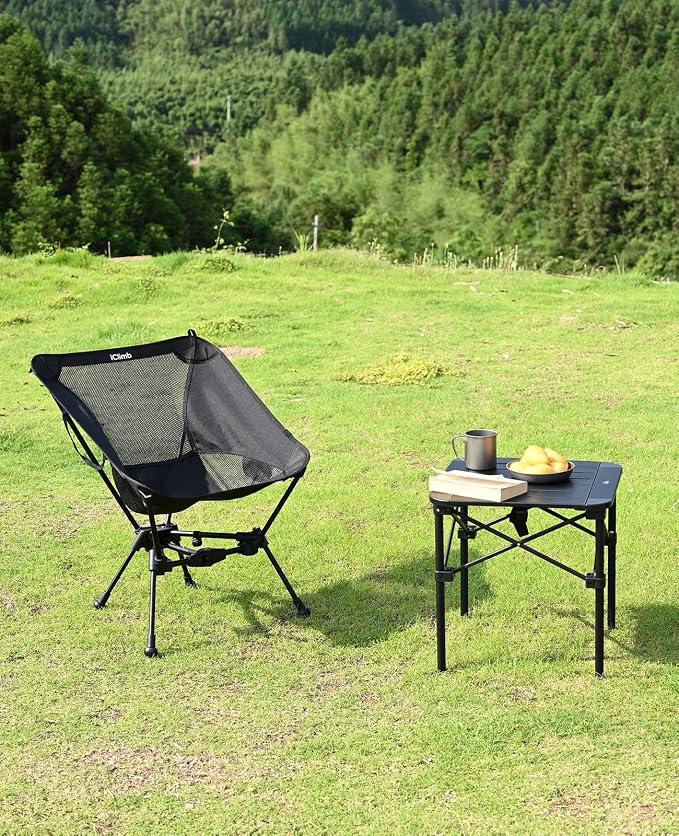 iClimb Ultralight Compact Camping Folding Beach Chair with Anti-Sinking Large Feet and Back Support Webbing (Black - Triangular Frame - 2PC)