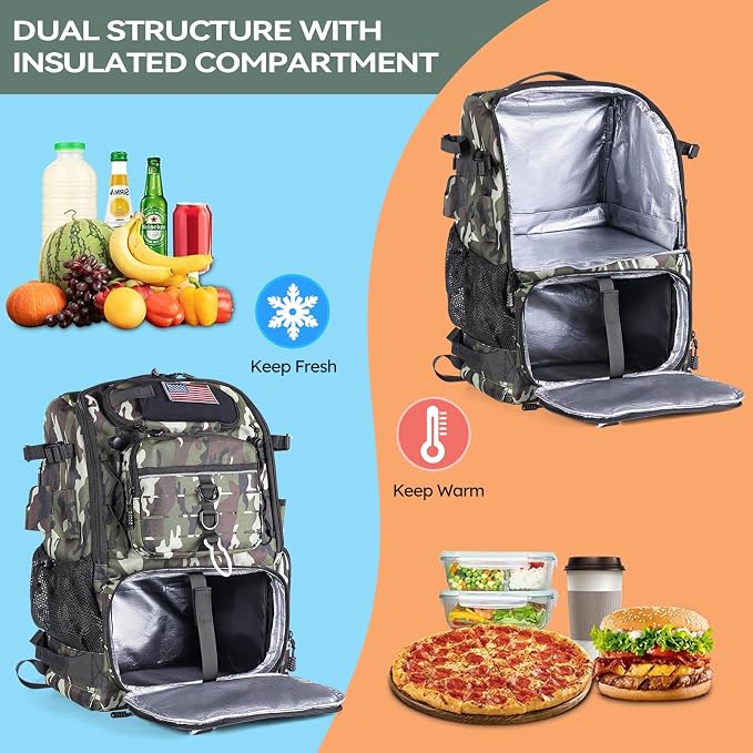 Bagenerous 39L Fishing Tackle Backpack with Rod Holders & Cooler,Water-resistant Fishing Gear Storage Bag with Protective Rain Cover,Camouflage