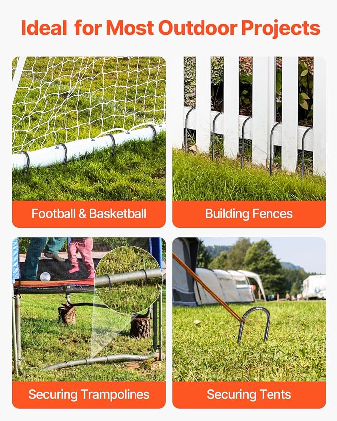 VEVOR Rebar Stakes, 10-Inch, Heavy-Duty 0.32 in Diameter U Shape, Galvanized Steel Ground Anchors with Chisel Point End & Rust-Resistant Coating, for Gardening Support, Fence, Camping Tents (12-Pack)