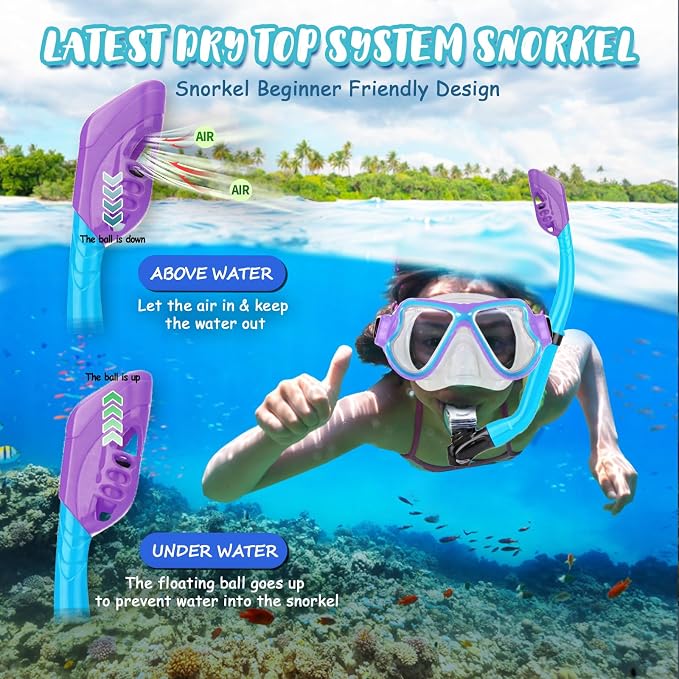 Snorkeling Gear for Kids, 4 in 1 Child Mask Fins Snorkel Set with Panoramic View Anti Fog Mask, Dry Top Snorkel, Trek Fins and Travel Bag, Kids Snorkeling Set with Fins for Snorkeling Swimming