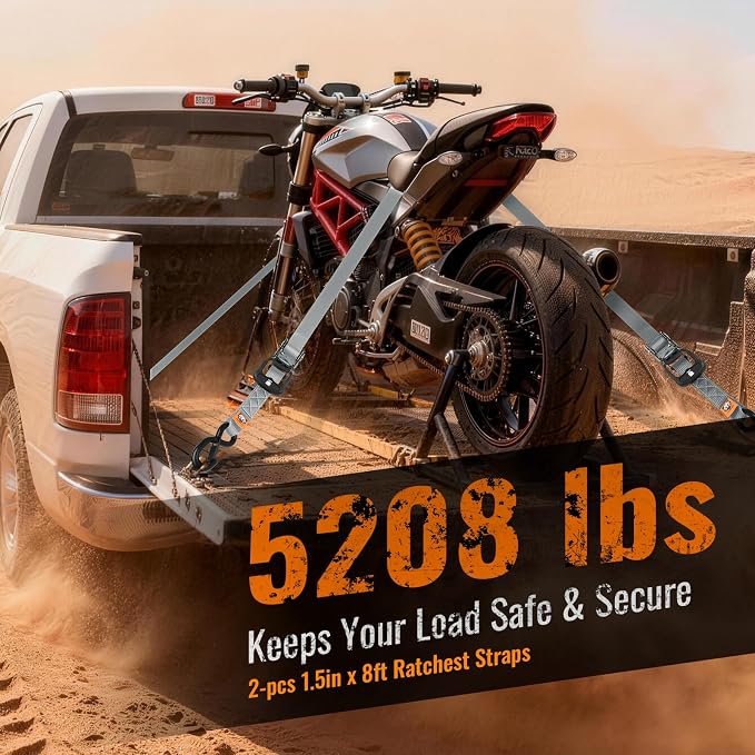2 Pack Ratchet Straps,Heavy Duty Powersports Tie Downs Load Straps,5208lbs Break Strength 1.5in x 8ft with Safety S Hooks and Soft Loops for Motorcycle Truck Cargo Roof Rack,Break Strength, Grey