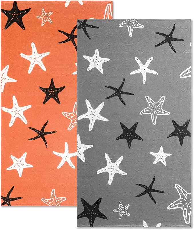 Belista Oversized Beach Towels 4 Pack,40”x70” Microfiber Thin Large Beach Towel Set for Adults Travel Camping Swimming,Turtle Starfish Them Sand Free Quick Dry Lightweight XL Pool Towels,Orange & Gray