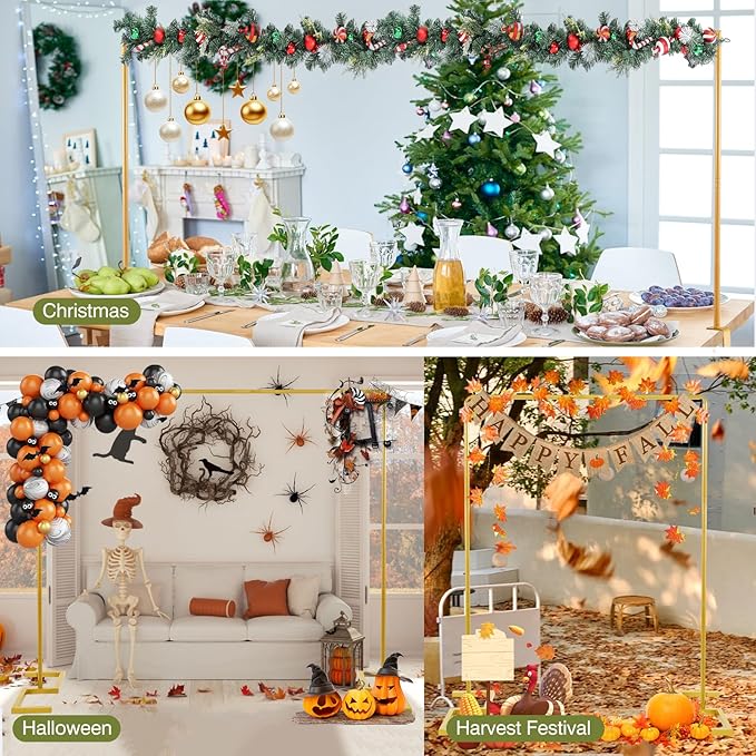 8.2FT x 8FT Backdrop Stand Heavy Duty with Base, Gold Portable Adjustable Pipe and Drape Backdrop Stand Kit, Over The Table Rod Stand with Clamps, Square Metal Arch Party Frame for Birthday Decor