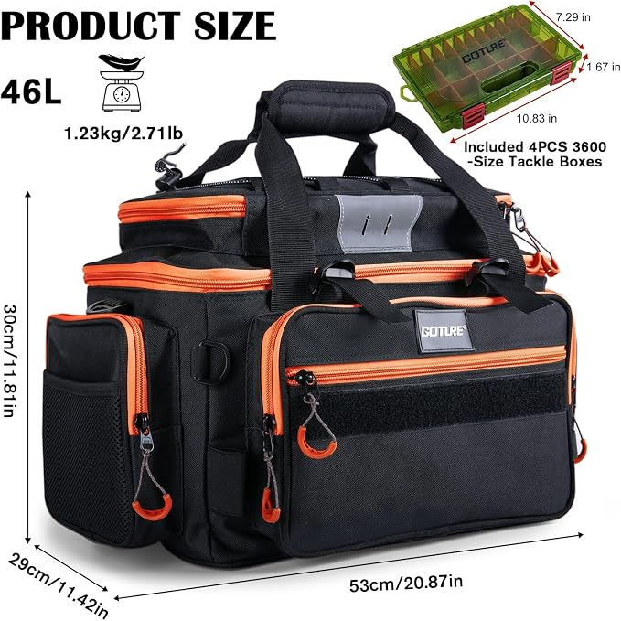 Goture Fishing Tackle Bag with 4PCS 3600 Tackle Boxes | 600D Water-Resistant, Rod Straps, Detachable Bottle Pouch,Waterproof Bottom, Freshwater & Saltwater Gear Storage Fishing Bag
