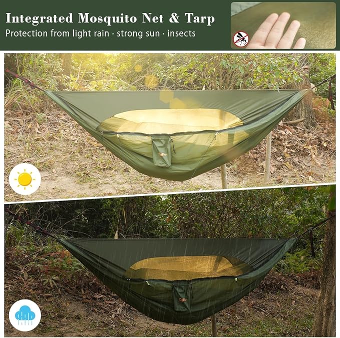CYFIE Camping Hammock with Net, 440 lbs Portable Hammock with Tree Straps and D-Shape Carabiners, Parachute Nylon Hammock for Outsides Backpacking Hiking Beach Patio