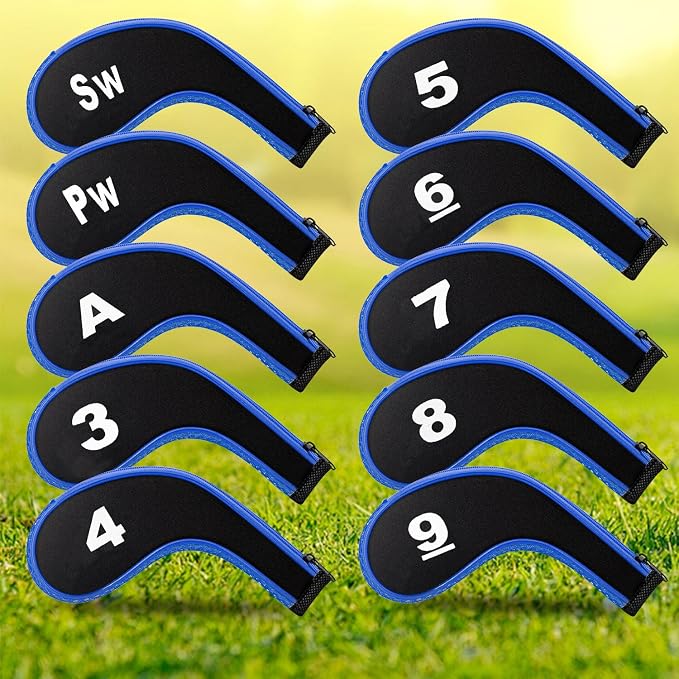 Golf Club 12pcs Thick Synthetic Zipper Long Neck Set Headcover Fit The Most Brands, Side Number Golf Iron Club Head Cover LW SW PW Covers #3,4,5,6,7,8,9