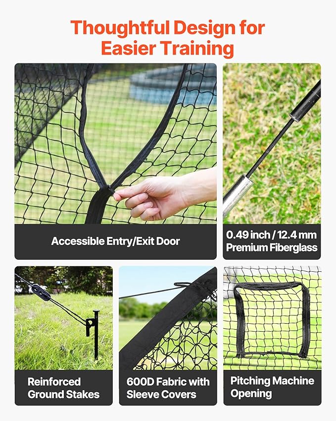 VEVOR Baseball Batting Cage,Professional Softball Baseball Batting Hitting Training Net,Heavy Duty Enclosed PE Practice Portable Pitching Cage Net&Carry Bag,for Backyard,Field,Indoor&Outdoor