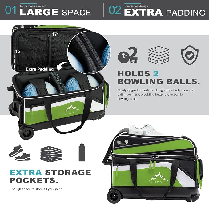 GoHimal Double Roller 2 Ball Bowling Bag with Separate Shoe Compartment for Bowling Shoes (Up To US Men Size 15) and Abundant multifunction Accessory Pocket, Upgraded fabric, Retractable Handle - Extends to 40"