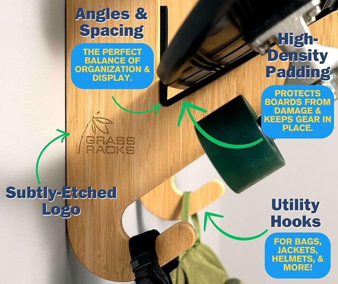 Grassracks Bamboo & Birch Snowboard Rack and Skateboard Rack - Moloka`i Series Snowboard Wall Mount