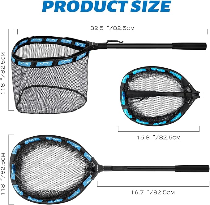 PLUSINNO Fishing Net Fish Floating Landing Net, Kayak Nets with Fixed Foldable Telescopic Pole Handle, Bass Trout Fishing Nets with Nylon Mesh for Pond Lake River, Fishing Gear Gifts for Men Anglers