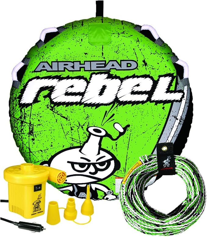 Airhead Rebel Towable Kit 1 Rider Tube with Rope and Pump, Kwik-Connect Tow, Double-Stitched Full Nylon Cover & Speed Safety Valve for Easy Inflating & Deflating
