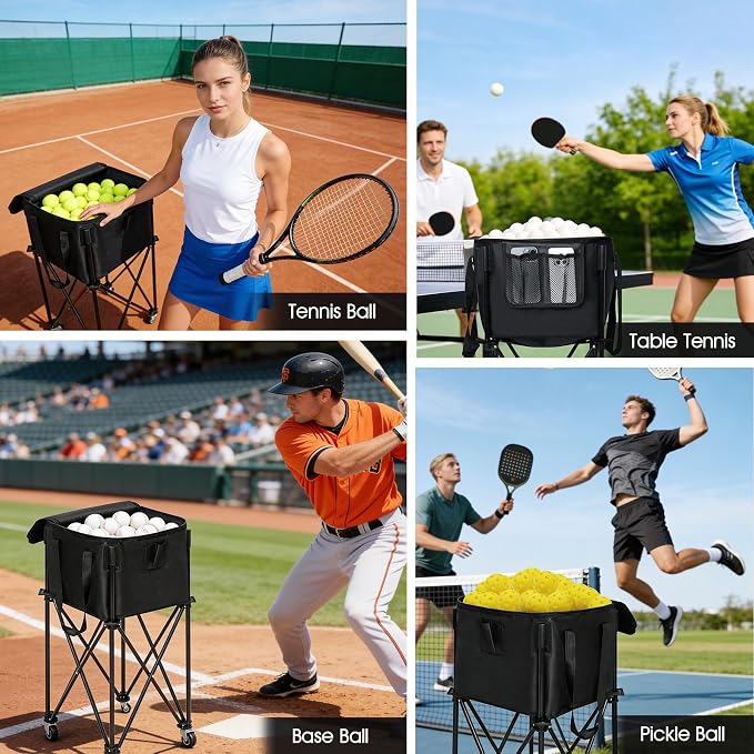 Portable Tennis Ball Hopper Holds 180 Balls, Tennis Ball Basket Cart with 4 Wheels & Brakes, Detachable Oxford Fabric Bag for Tennis and Pickleball Training, Black