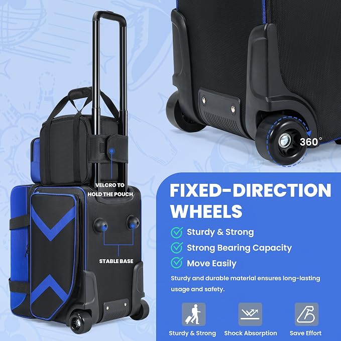 3 Ball Bowling Bag with Wheels, Rolling Bowling Bag 3 Ball Roller with Multi-pocket & Shoe Compartment (Up To US Men Size 16), 2 Ball Bowling Roller Bag PLUS 1 Ball Tote