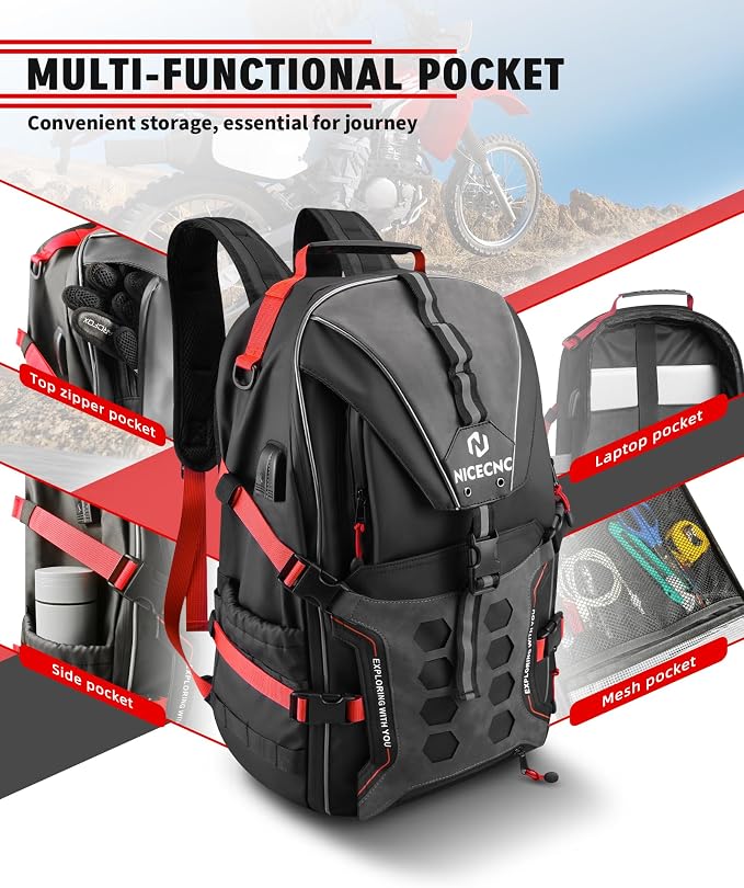NICECNC Motorcycle Helmet Backpack 35L Large Capacity Motorcycle Helmet Bag, Universal Motorcycle Riding Backpacks for Men Motorcycle Lugguge Storage Bag with Hidden Net, Red