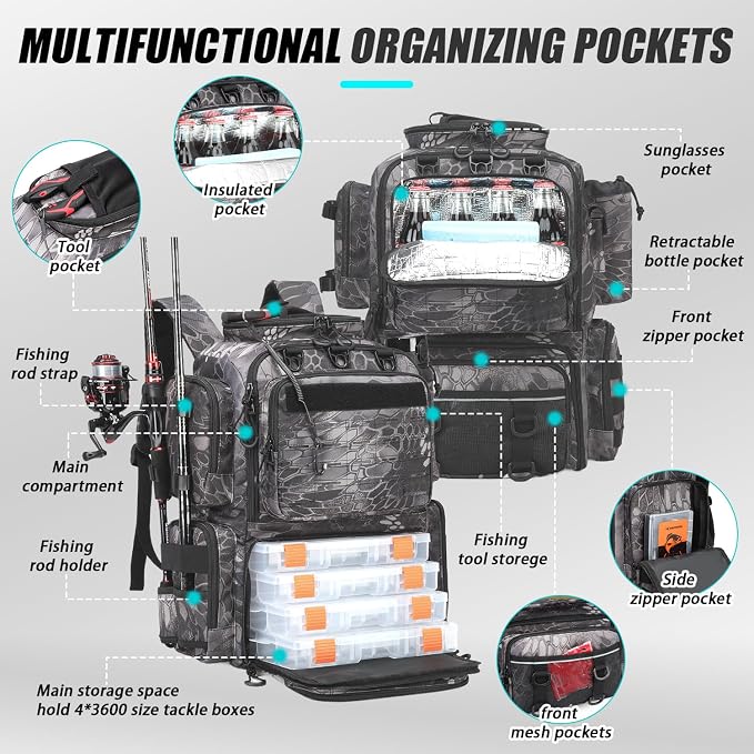 Tactical Fishing Backpack with Tackle Boxes, Rod Holders & Bottle Holder, 50 L Large Tackle Box Backpack with Cooler, Fishing Tackle Bag Store Gear & Equipment, 900 D Oxford, Camouflage Black