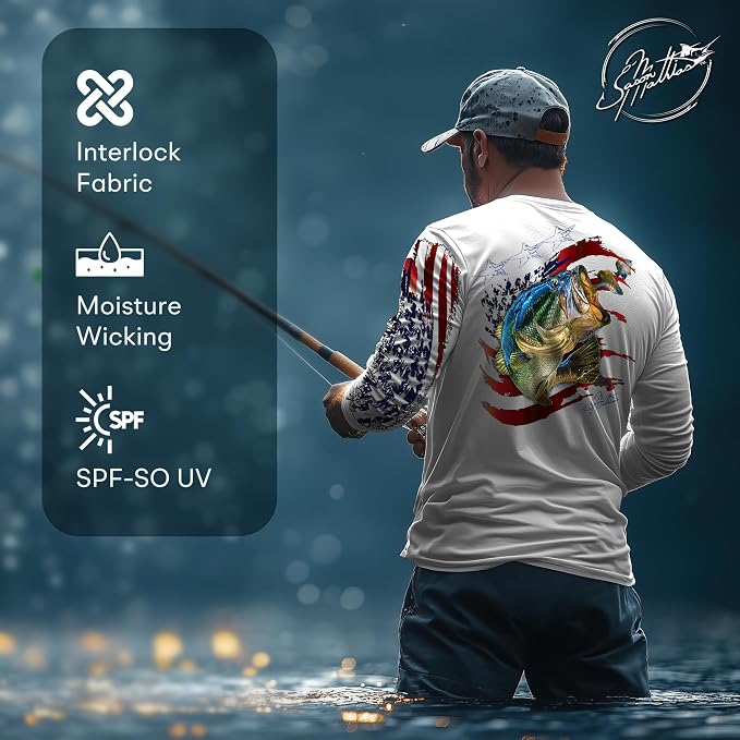 Men’s “American Flag Bass” Comfortable Fishing Shirt-UPF 50+ Interlocking Fabric, Quick-Dry, Ideal for Anglers (JM016)