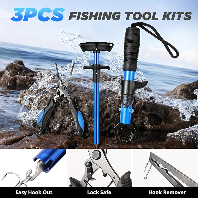 PLUSINNO Fishing Backpack with Fishing Rod and Reel Combos Tackle Boxes, Waterproof Tackle Backpack for Fishg Gear with Rod Holder, Fish Gifts for Men with Tool Kit