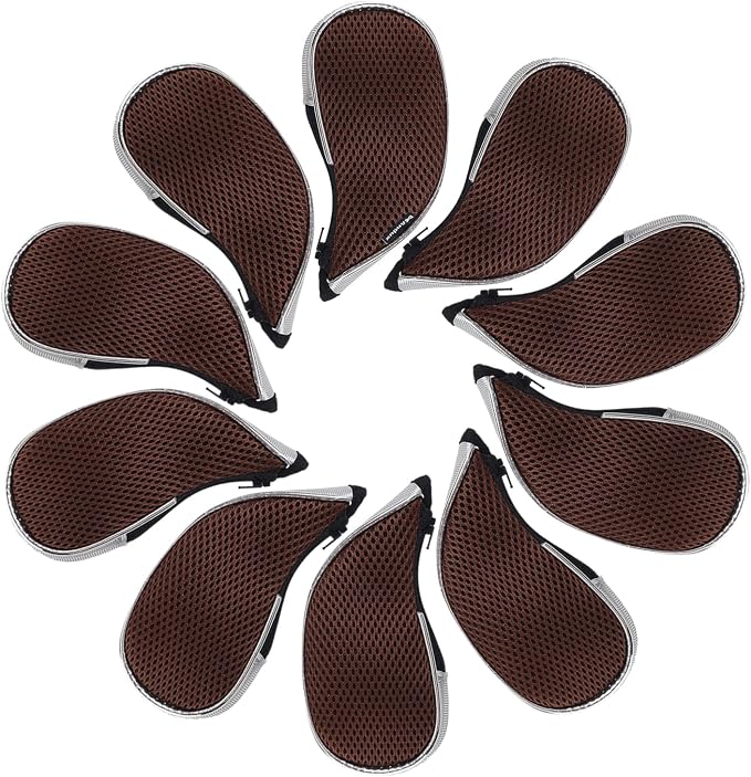 Andux Mesh Golf Iron Club Head Covers with Zipper 10pcs/Set | Left and Right Handed | Short Neck | Silver Piping | all the Same Size