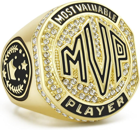 1-12 Pack MVP Football Baseball Basketball Soccer Champion Ring Championship Rings Most Valuable Player Football Baseball Basketball Soccer Gold Award Trophy Medals Ring with Display Case and Holder