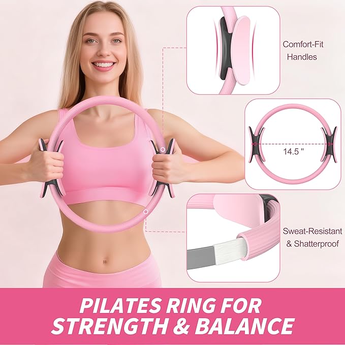 NANATI Pilates Kit, Home Pilates Workout Kit for Women, Pilates Equipment with 14.5" Pilates Ring and Ball, Resistance Bands, Ankle Weights, Sliders & Grip Socks for Home Workouts