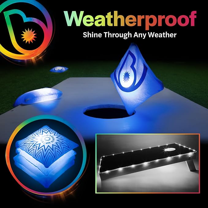 Brightz Cornhole Board Edge Lights with LED Bags - Includes 4-Pack of LED Cornhole Bags + TossBrightz Cornhole Board Edge Lights - The Ultimate Night Time Cornhole Master Set