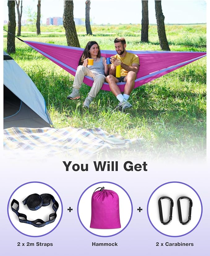 MOSFiATA Camping Hammock, Lightweight Parachute Hammock Up to 700lbs with 2 Tree Straps and Attached Carry Bag Portable Outdoor Hammock for Backpacking Hiking Travel (Pink Purple)