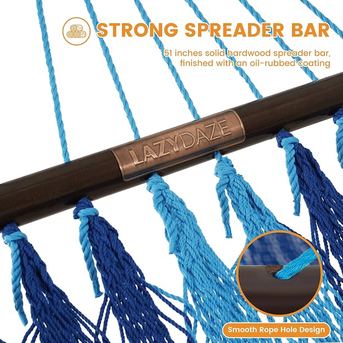 Lazy Daze Hammocks 10.5 FT Double 2 Person Caribbean Rope Hammock, Hand Woven Polyester Hammock with Spreader Bars, for Outside Outdoor Backyard Patio Poolside, 450 LBS Capacity, Blue/SkyBlue