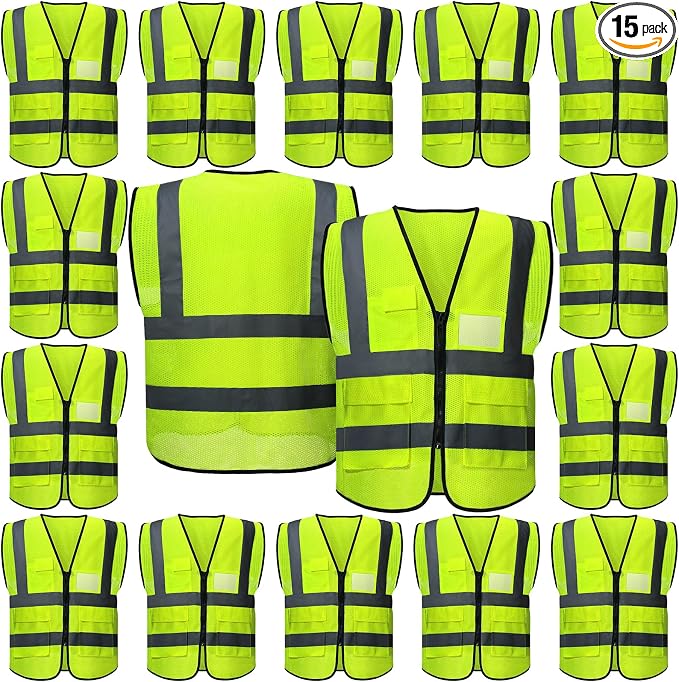Newcotte 15 Pack Safety Vests Bulk Yellow Reflective High Visibility Vest with Mesh Pocket Zipper, Hi Vis Silver Strip for Men, Neon