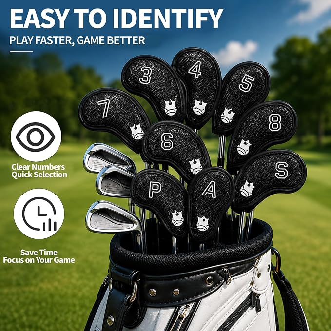 Golf Iron Head Covers Set of 12, PU Leather Golf Club Head Covers with Numbers 3-9 P S A L X, Magnetic-Free Hook & Loop Closure, Iron Headcovers Waterproof, Headcover Fit All Brands
