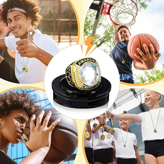 Landical 10 Pcs Championship Trophy Rings Bulk MVP Winner Youth Award Gift with Neck Chains and Display Stand for Basketball Baseball Football Volleyball Softball