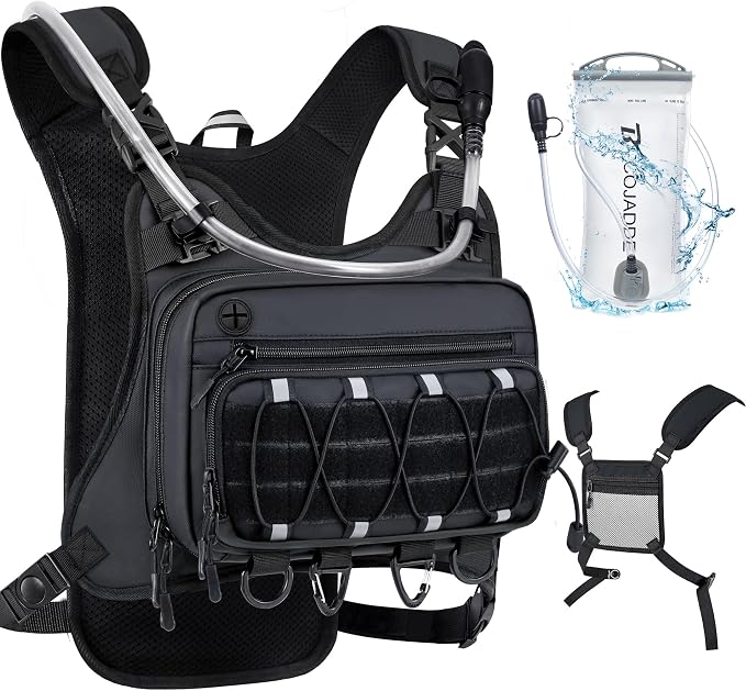 BECOJADDE Running Vest for Men with 2L Water Bladder Tactical Hydration Backpack Adjustable Lightweight Chest Pack for Marathon Hunting Cycling