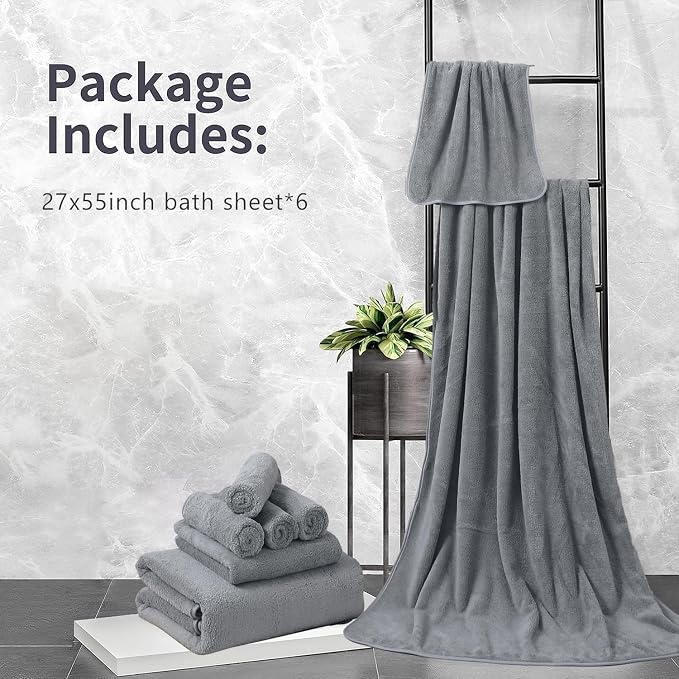 Bath Towels Set of 6, Bathroom Towel 27x55in Quick Dry Towel Set Microfiber Towel Super Soft Absorbent Shower Towels for Bathroom Hotel Spa Gym Camping Beach Dark Grey