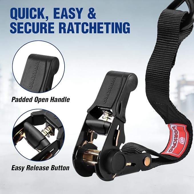 WORKPRO Ratchet Tie Down Straps, 4-Pack | 1" x 15' | 1823 lbs Break Strength Heavy Duty Ratchet Straps with 4PC Soft Loops, Fits for Moving Appliances Motorcycle ATV Truck (Black)