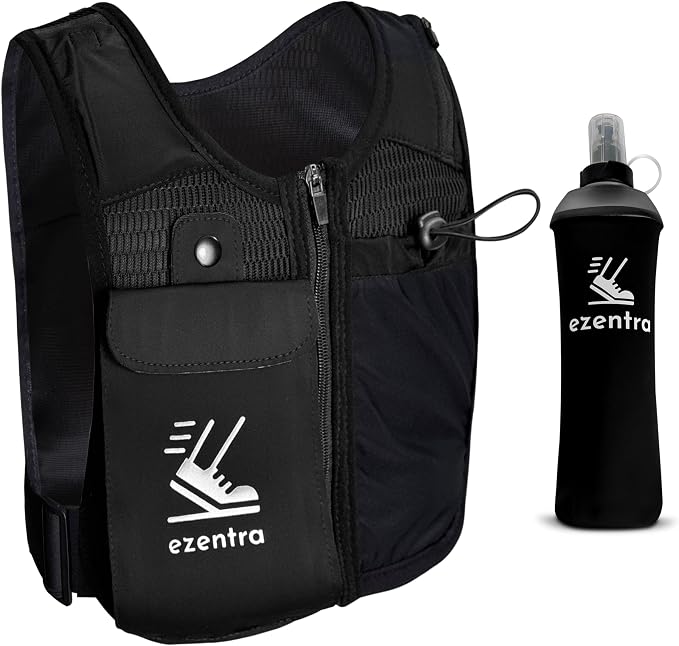 Running Vest Zip, Reflective Running Vests with 6 Pockets, 500ml Hydration Bottle, Adjustable Chest & Waistband, Breathable Material, Chest Pack Gear, Phone Holder, Men & Women