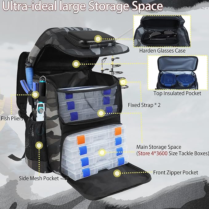 Fishing Backpack with Rod Holder, Large 50L Tackle Bag Water Resistant Tackle Backpack Heavy Duty Fishing Bag Gift for Men Woman