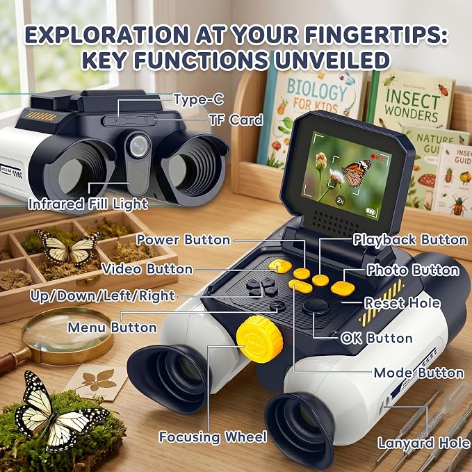 Kids Binoculars with Night Vision Camera, 10X Zoom Digital Adventures Telescope with 2.4" IPS Screen, Nature Explorer STEM Toys for Bird Watching Camping, Gifts for Boys Girls Age 4-12 - White