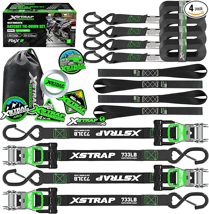 XSTRAP STANDARD 4PK Motorcycle Ratchet Straps, 1" x 15ft, 2,200 lbs Break Strength Tie Down Straps with Safety Lock S-Hooks, Soft Loop Straps and Stickers for Trucks, Cargo, Moving (Black)