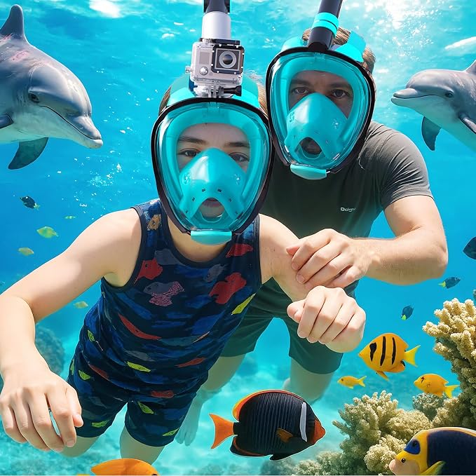 Greatever G2 Adults Kids Full Face Snorkel Mask 2 Pcs,Snorkeling Gear with Latest Dry Top System,Foldable 180 Degree Panoramic View,Safe Breathing,Anti-Leak&Anti-Fog Snorkeling Mask with Camera Mount