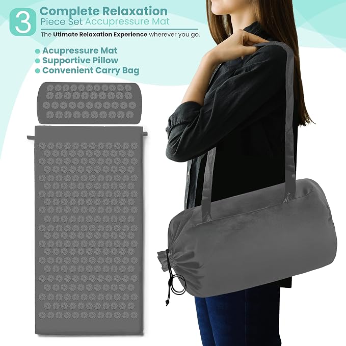 Sivan Health and Fitness Acupressure Mat and Pillow Set - Grounding Mat for Stress, Back & Neck Pain - Acupuncture Point Massage Mat for Muscle Relaxation, Sciatica, & Meditation - Includes Carry Bag
