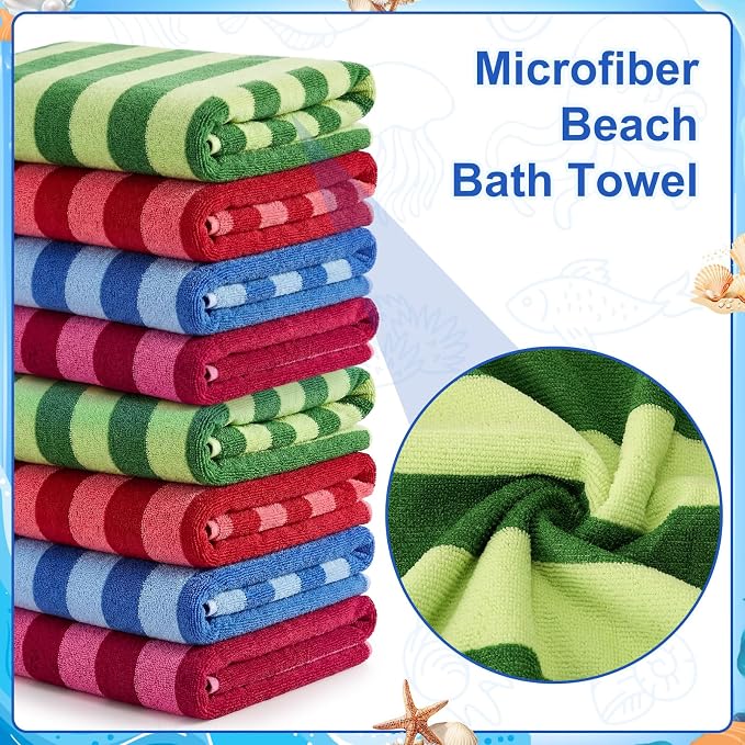 Gilprop 8 Packs Oversized Stripe Beach Towels XL L Microfiber Clearance Pool Towels with Bags Clips Soft Absorbent Quick Dry Camping Swim Towel for Adult Women Men Travel Family (60×30 in,Multicolor)